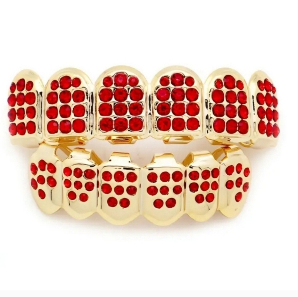 Golden and Red Teeth Grillz For Adults